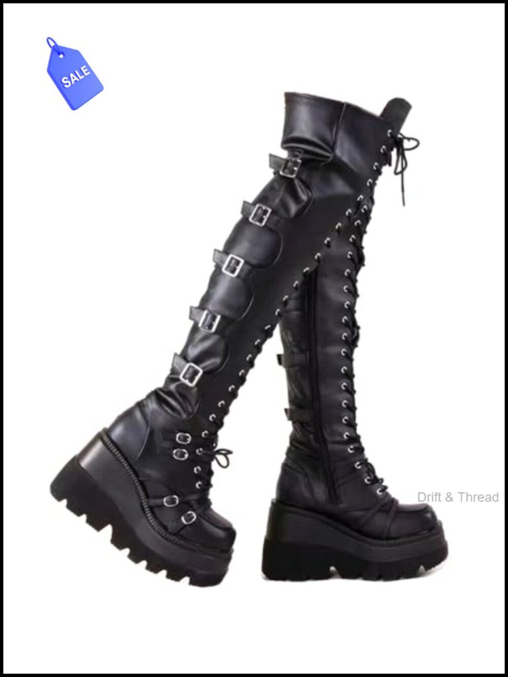 Black Over Knee Platform Boots Faux Leather Chunky Heel Buckles